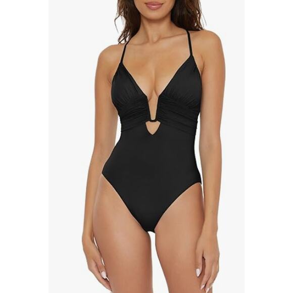 BECCA Standard Color Code Plunge Neck One Piece Swimsuit Medium Black NWT - Picture 1 of 13